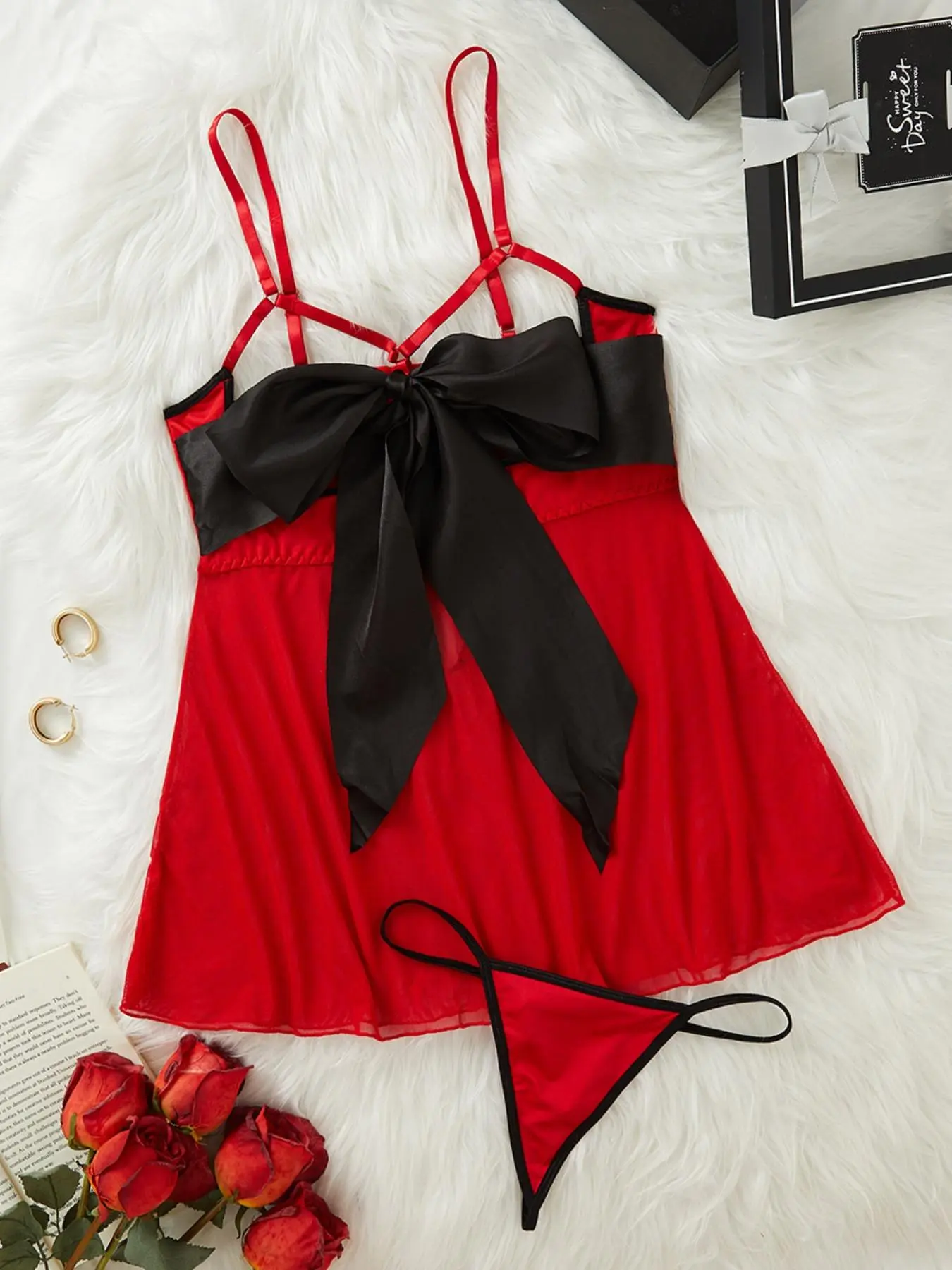 Two-Piece Set Women's Contrast Binding Bow Decor Cami Nightdress & Thong Sexy Lingerie Set, Sexy Comfy Breathable Lingerie Set for Daily Wear, Lingerie for Women, Women Sexy Lingerie & Underwear