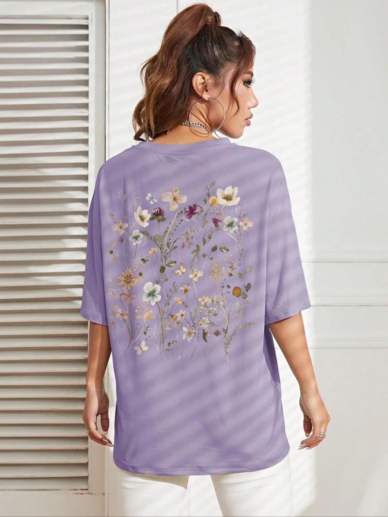 Product Introduction of Women's Floral Print Drop Shoulder Crew Neck Tee, Street Fashion Casual Half Sleeve Round Neck T-shirt for Summer, Streetwear Tshirt, Ladies Summer Clothes, Graphic Tees, Clothing, Tops 13