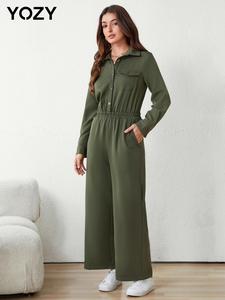 YOZY Women's Plain Button Front Pocket Shirt Jumpsuit, Casual Long Sleeve Collared Jumpsuit for Daily Wear, Ladies Clothes for All Seasons
