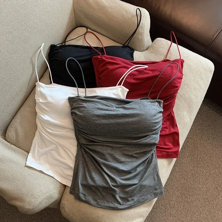 Áo Yếm Ruched, Gợi Cảm Và Dễ Thương, Với Đệm Ngực Và Dây Mảnh, Áo Không Tay Thích Hợp Để Lót Hoặc Áo Mặc Bên Ngoài, Phong Cách Mùa Hè Bó Sát, Thoải Mái, Thanh Lịch, Đẹp, 30 Ngày Bán Chạy 2185 Mảnh