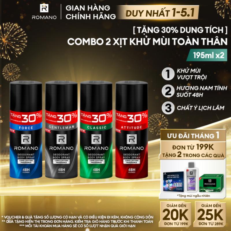 DUY NHẤT 1-5.1 THÊM 30% GIÁ KHÔNG ĐỔI Combo 2 Xịt khử mùi toàn thân Dưỡng Body ngăn mồ và mùi cơ thể cho nam Romano Attitude Gentleman Force Classic