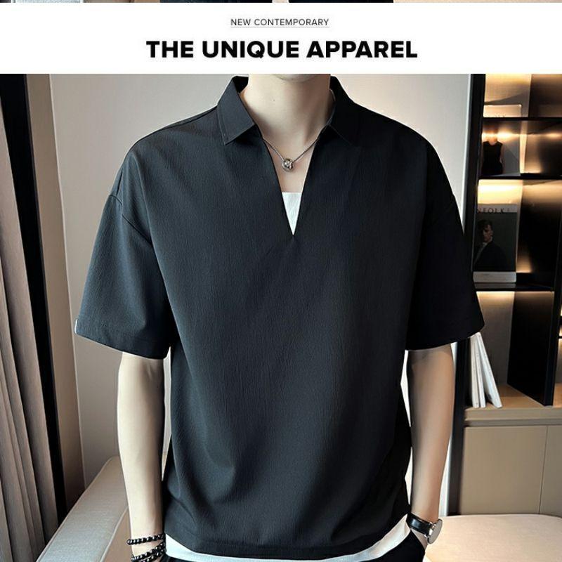 Product Introduction of 2025 Fake Two-Piece V-neck T-shirt Men's Ins Fashion Brand Short Sleeve Polo Shirt Ice Silk Half Sleeve 2023 New Summer Matching Suit 14