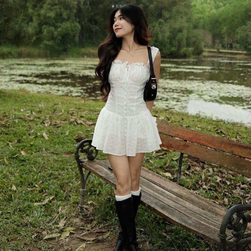 Đầm ren xô boi 2 dây TaMi phối tùng xoè cột nơ ngực Váy nữ màu trắng form ngắn mặc đi tiệc đi chơi dễ thương có lót quần trong