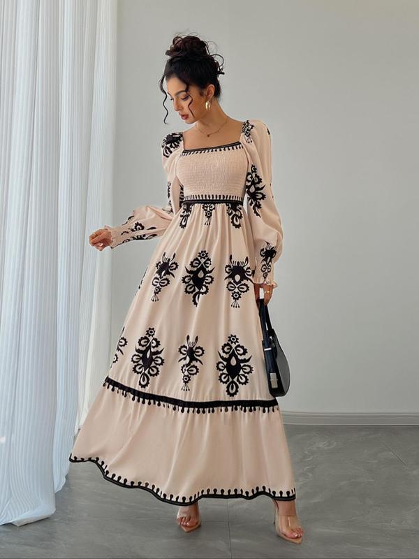 Women's All Over Print Shirred Bishop Sleeve A Line Dress, Long Sleeve Dress for Fall & Winter, Women's Clothing for Vacation Holiday, Holiday Dresses 2