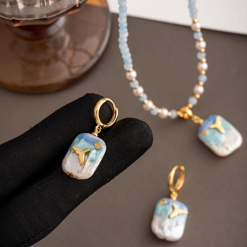Product Introduction of Baby Costume Jewelry Oil painting style Baroque pearl pendant necklace, new Chinese style earrings, light luxury, niche, antique style collarbone chain, round pearl chain 12