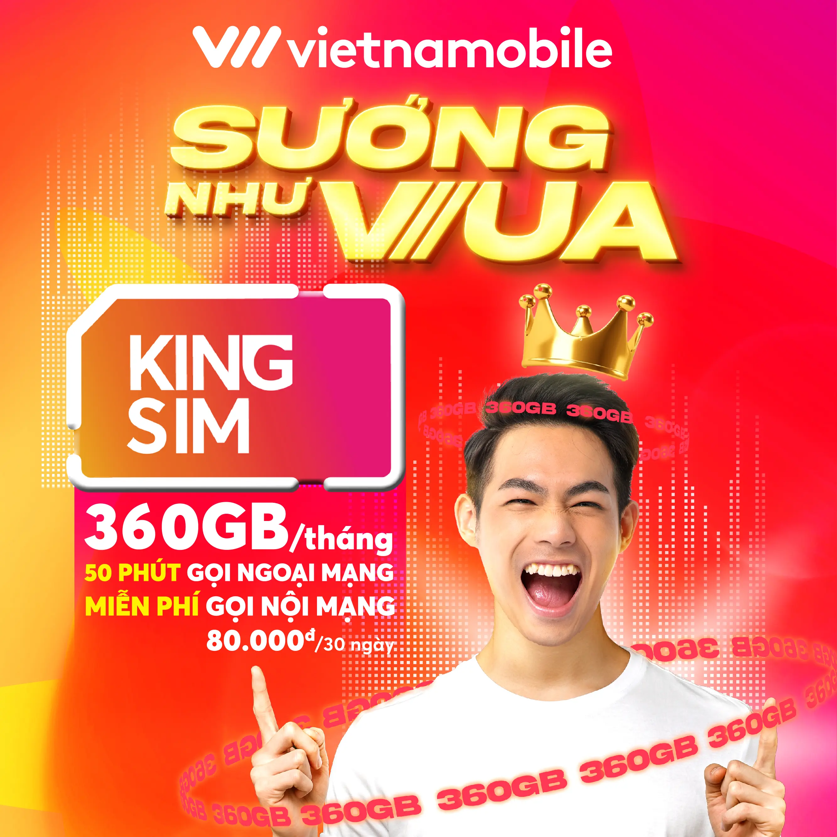 SIM King Vietnamobile 12GB/ngày ~ 360GB/tháng - Miễn phí tháng đầu tiên