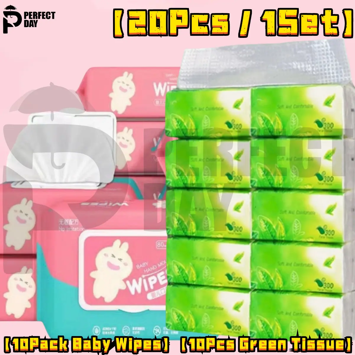 【Buy 10 and Get 10 Free】Perfect Day 10PACK Organic 80Pcs Per Pack Baby Wipes  Water Hypoallergenic (Non-Alcohol-wetwipes) and 10pcs  Facial Tissue order Tissue 3-Ply Tissue