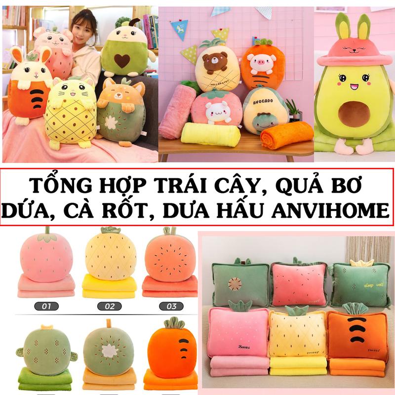 Anvihome Gối Mền 3 Trong 1 Tổng Hợp Hình Hoa Quả Tròn Vuông Mix Thú Biểu Cảm Cute Kèm Chăn Miniso Mềm Mịn KT 1m1 x 1m6 Chất Liệu Miniso Mềm Mịn