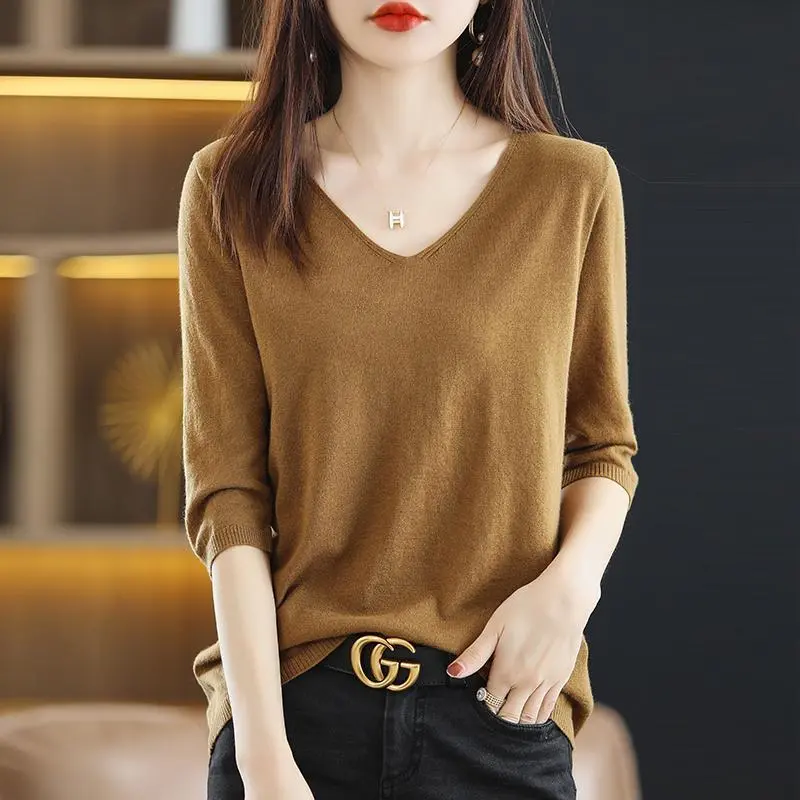 Áo Chui Đầu Cổ Chữ V, Tay Lửng, Mùa Xuân Và Mùa Hè Mới, Áo Sơ Mi Nữ, Phong Cách Hàn Quốc, Dáng Rộng Vừa Vặn, Áo Thun Len Dệt Kim Phong Cách Phương Tây, Áo Sơ Mi Nữ, Mỏng, Quần Áo Nữ Women Top 1