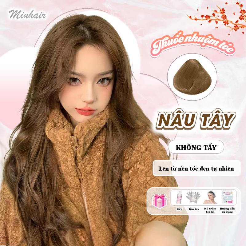 Thuốc nhuộm tóc Nâu Tây, tặng kèm oxy trợ dưỡng và bao tay, bịt tai, trùm đầu, Minhair Women Nữ Đổi Màu Tóc Serum