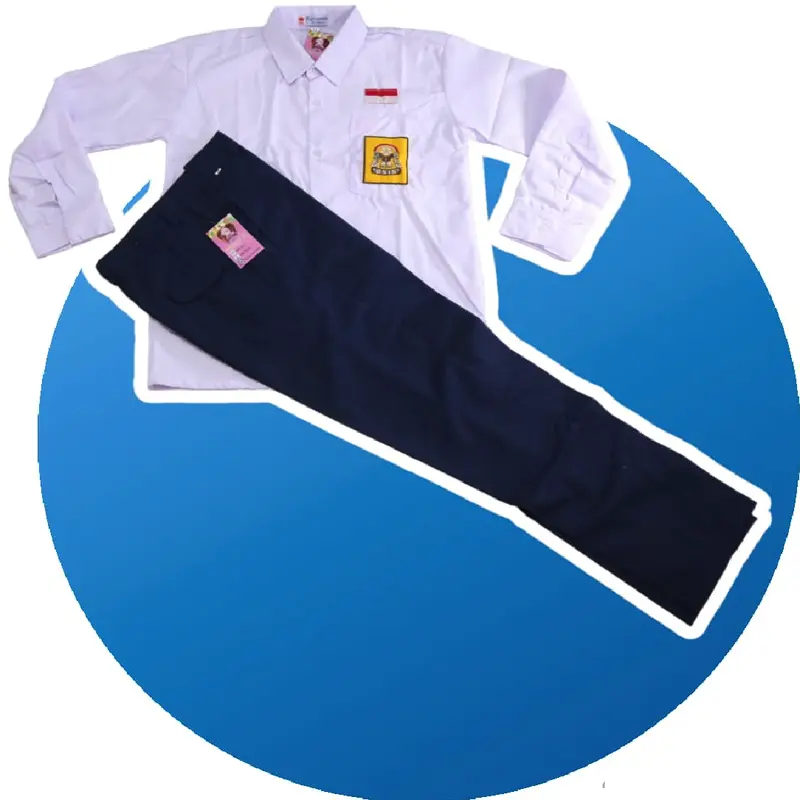 Set Komplit Baju Putih Panjang & Celana Biru Panjang SMP Kemeja Setelan Fashion 4