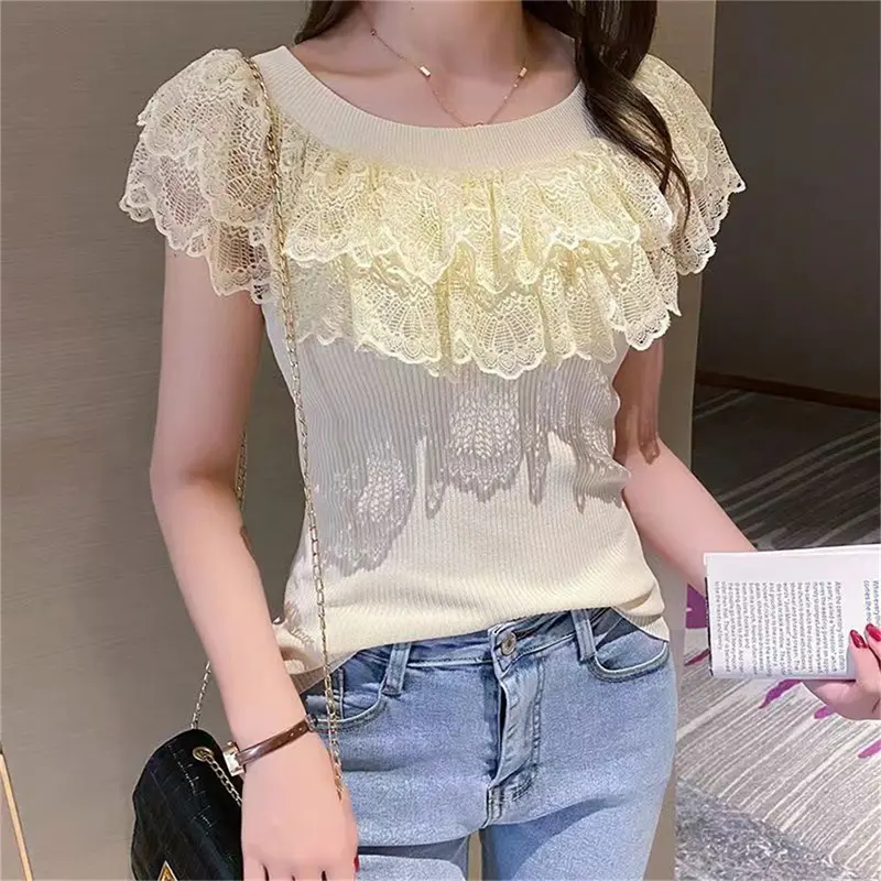 Áo Thun Mùa hè, vải gạc Chắp Vá, ngắn Tay, thiết kế lệch vai, phong cách Gợi Cảm và Thường Ngày Nữ Top 1