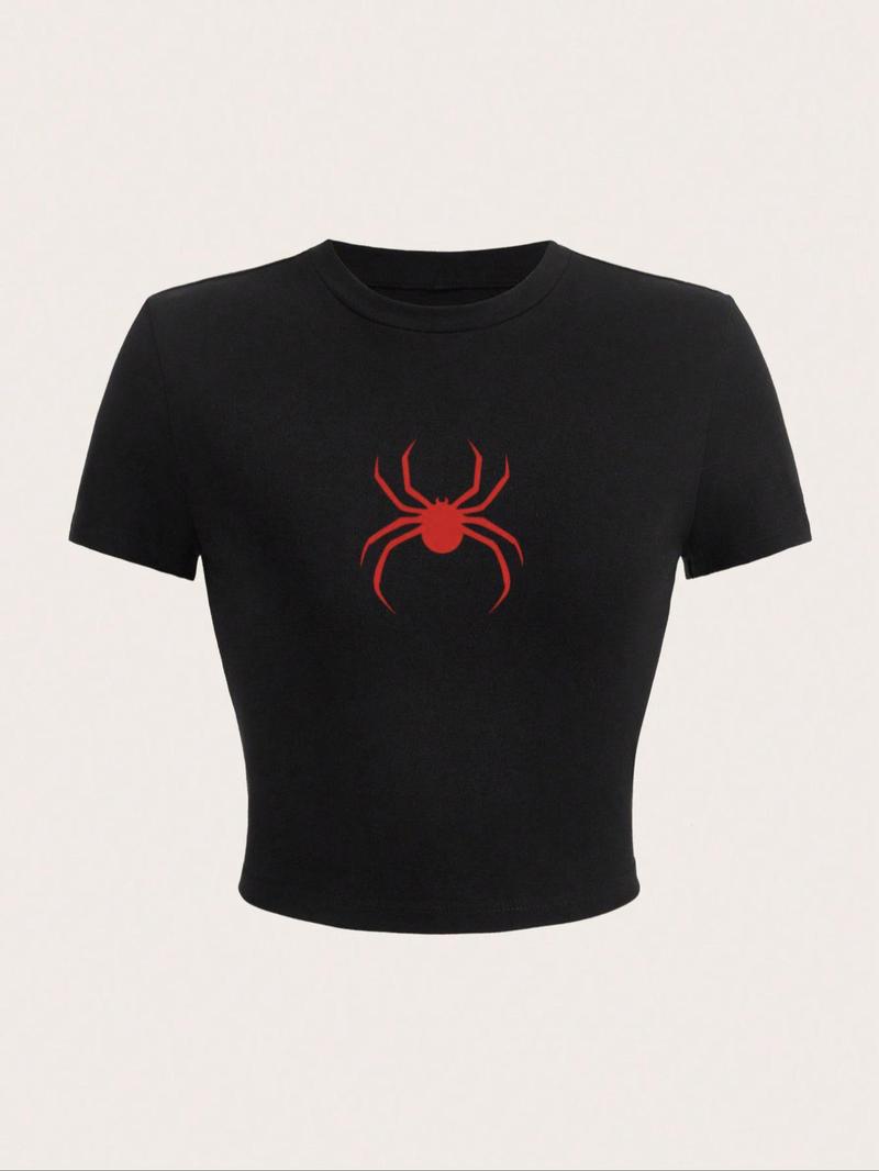 Product Introduction of Women's Spider Graphic Print Round Neck Crop Tee, Graphic Baby Tees Y2K Top, Casual Street Fashion Short Sleeve T-shirt for Summer, Ladies Clothes for Daily Wear 1