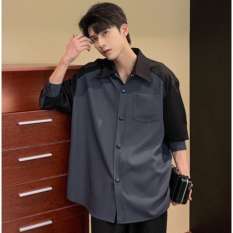 Áo Sơ Mi Nam Dài Tay Hàn Quốc Phối Tay Raglan Form Rộng Cúc Bấm, Áo Sơ Mi Kiểu Công Sở Sang Trọng Chất Thoáng Mát Menswear Cổ Tròn