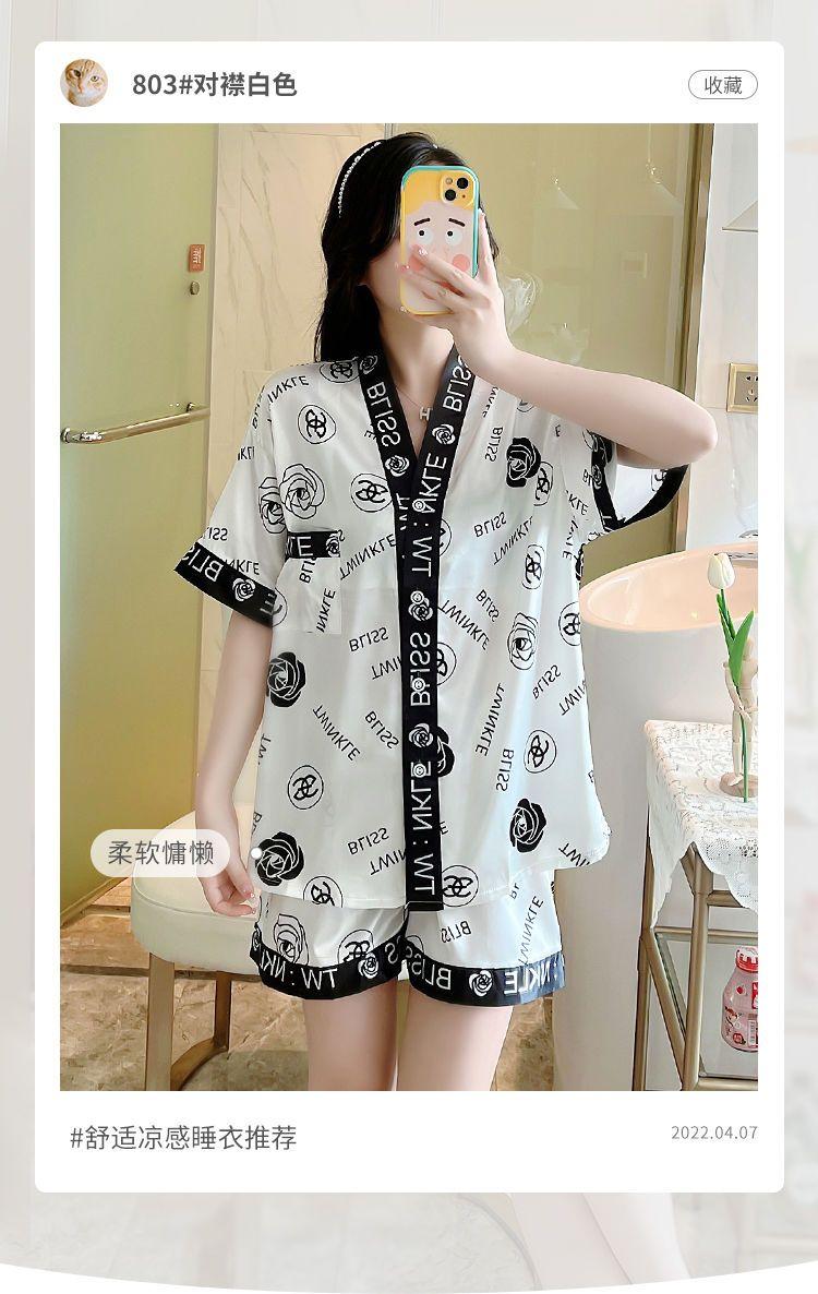 Product Introduction of Women's Pajamas 2022 New Summer Thin Ice Silk Cardigan Camellia Set Short Sleeve Cartoon Princess Style Loungewear 2