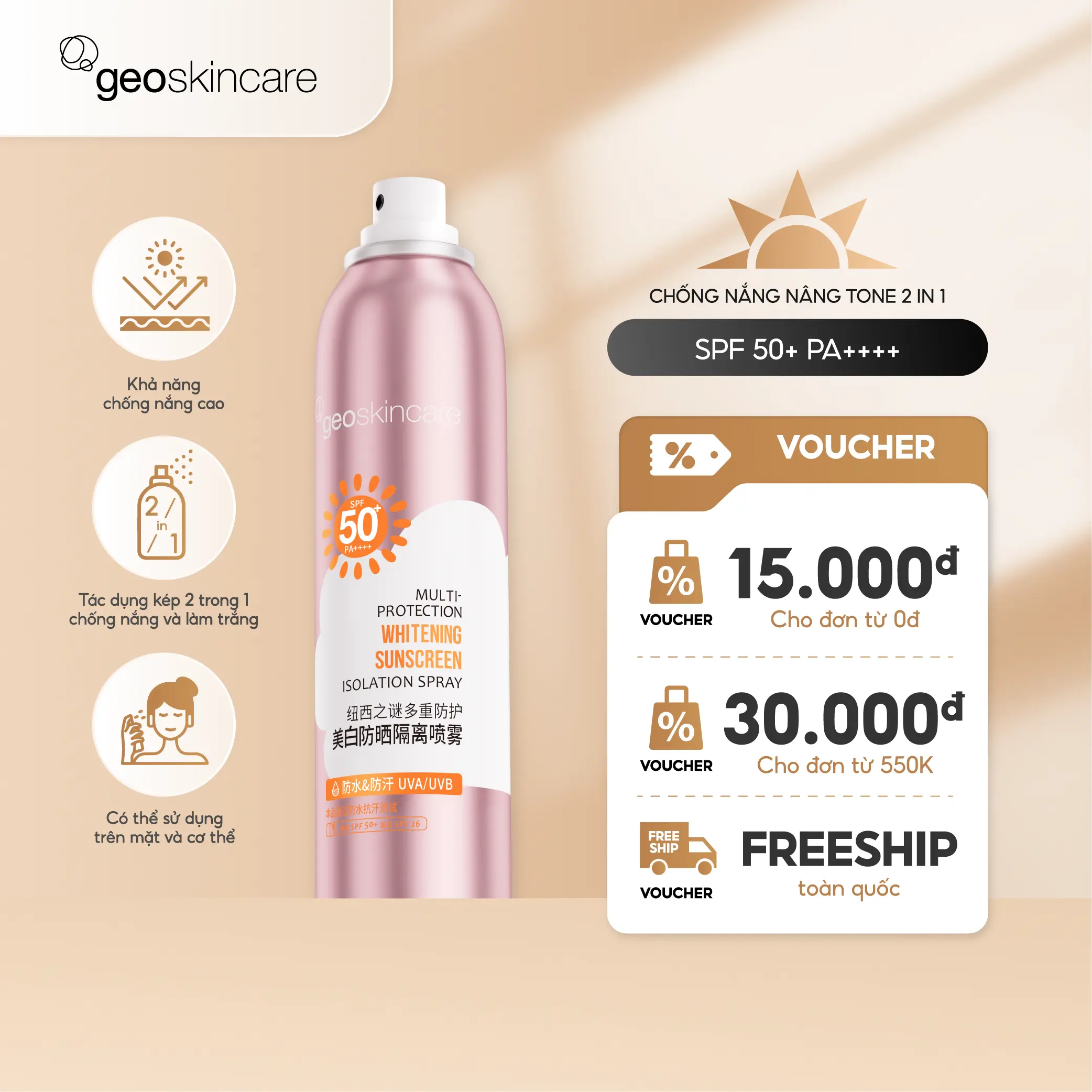 Xịt Chống Nắng SPF50+ PA++++ Geoskincare Nâng Tone Bảo Vệ Nhiều Lớp, Kháng Nước Và Mồ Hôi 120ml