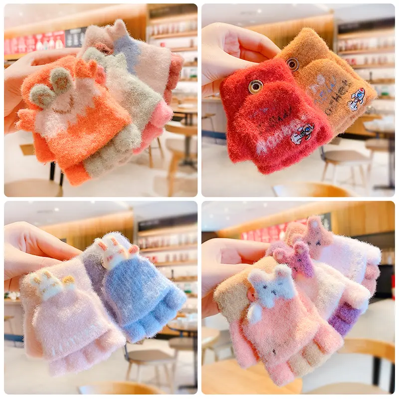0-10 Years Old Winter Children Girls Soft Half Finger Cover Animal Warm Fingerless Gloves Outdoor Warm Mittens Gloves for Kids