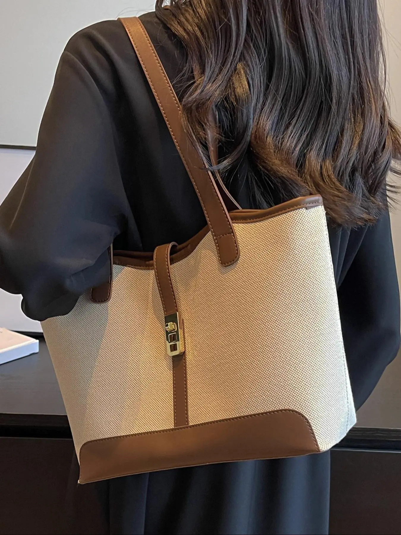 Fashionable Plain Color Tote Bag,  Casual Large Capacity Shoulder Bag for Women, Trendy Versatile High-quality Daily Commuting Bag, Girl Fashionable Shopping Bag