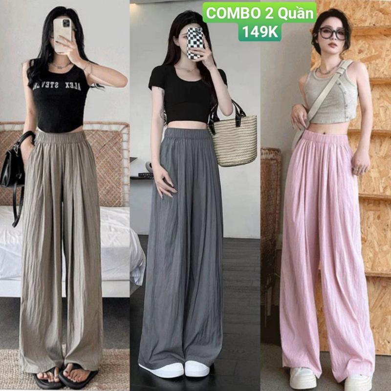 (COM BO 2) Quần Ống Rộng Nữ Cạp Cao Vải Đũi Dày Dặn Siêu Mát Mát Loại Đẹp Lưng Cao Phong Cách Hàn Quốc Quần Vải Ống Suông Dài Đi Học Làm Công Sở Women Pants