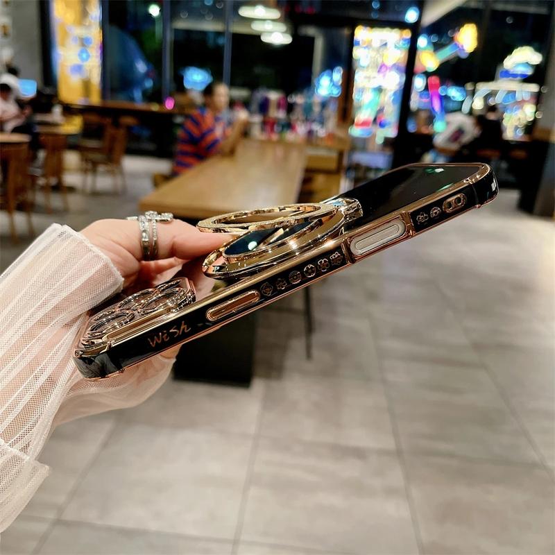 Product Introduction of Luxury Plating Cute Flowers Phone Case For iPhone 11 12 13 14 15 16 Pro Max Glitter Stand Soft Bumper Protector On 14 Pro Cover Protection Protective Casing Shockproof 9