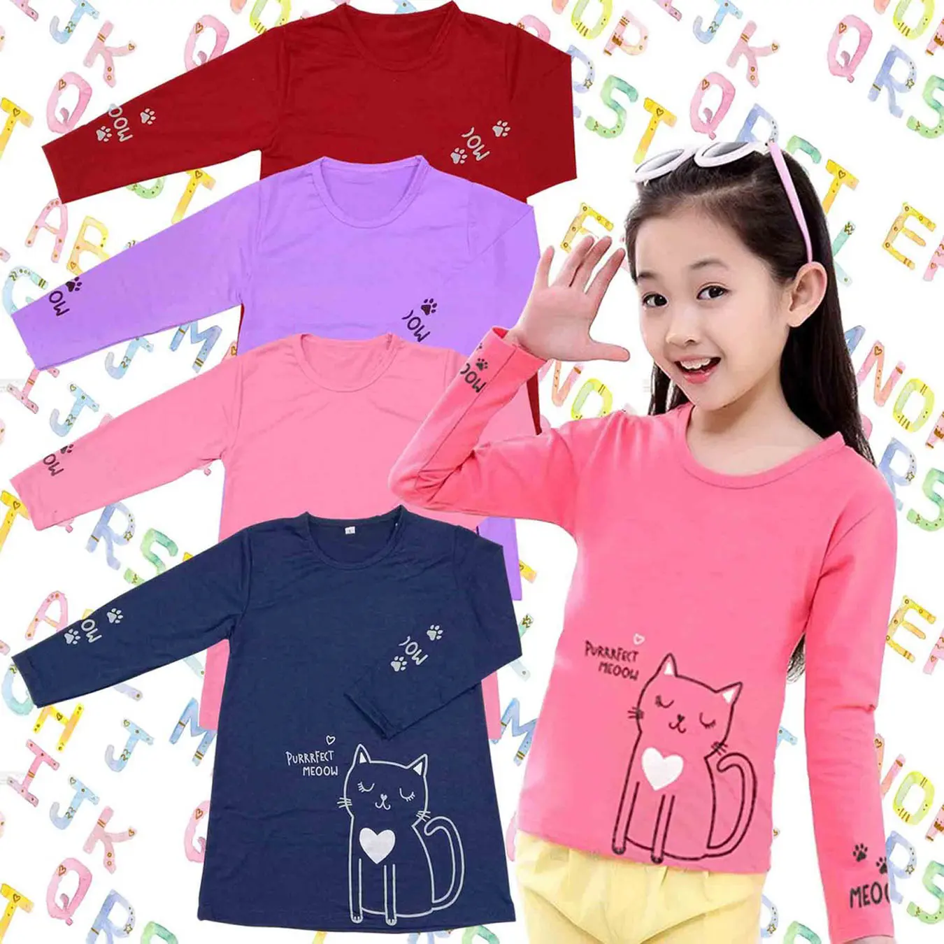 Baju Anak Perempuan Usia 1-12 Tahun Kaos Lengan Panjang Motif Meow Purfect Kaos Fashion