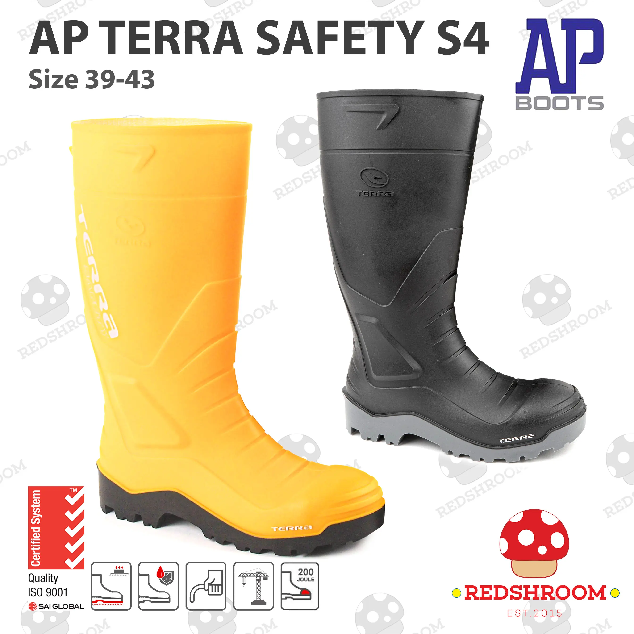 Sepatu Boot Safety Tinggi TERRA SAFETY S4 AP BOOTS Hitam Kuning Besi Toe Cap Anti Slip Karet Lokal Shoes