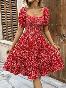 Women's Ditsy Floral Print Bubble Sleeve Dress, Square Neck A Line Short Sleeve Dress for Summer, Women's Clothing for Daily Wear