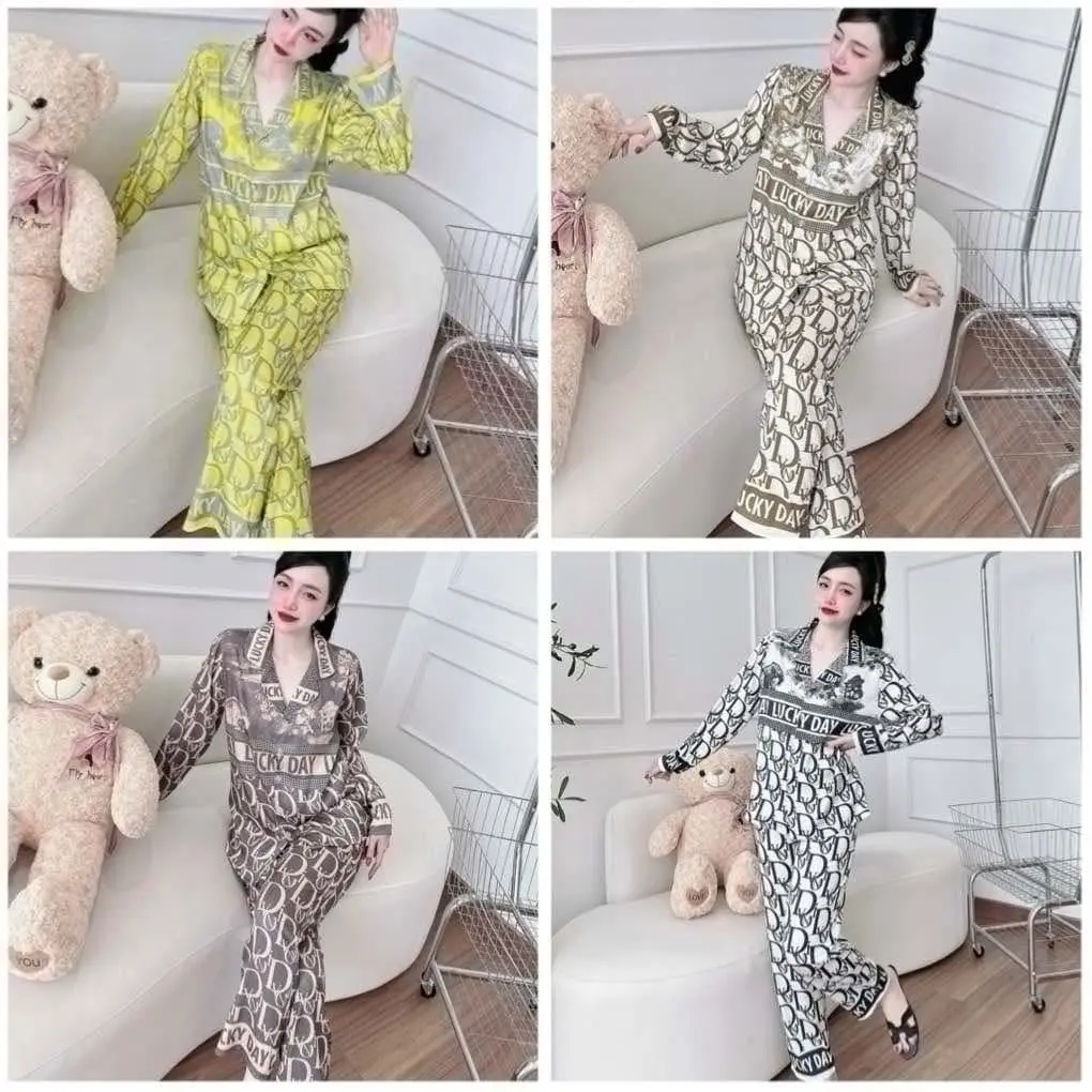 ( 40-60KG và 60-75KG) TAY NGẮN VÀ TAY DÀI, Đồ bộ nữ, in họa tiết CHỮ D RỪNG 3 MÀU, chất lụa xước mềm mát Dài Tay Màu Nâu Nhung Voi