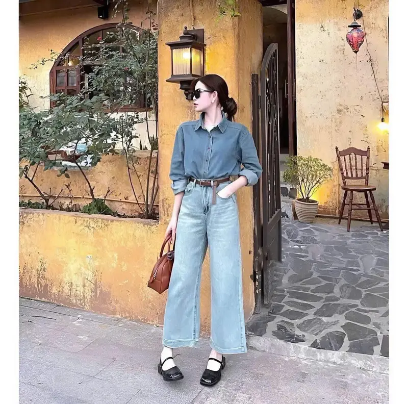 TCSHOPJEAN Quần Jeans Suông Nữ Bigsize 55kg-90kg Trơn Lai Kiểu Mã 351 2