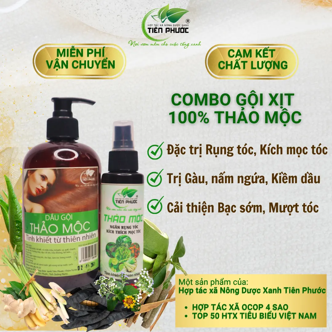 Bộ Gội Xịt thảo mộc HTX Nông dược xanh Tiên Phước Hết rụng, mọc tóc, hết gàu ngứa, cải thiện bạc sớm, tóc mềm mượt tự nhiên sau 2,3 tuần
