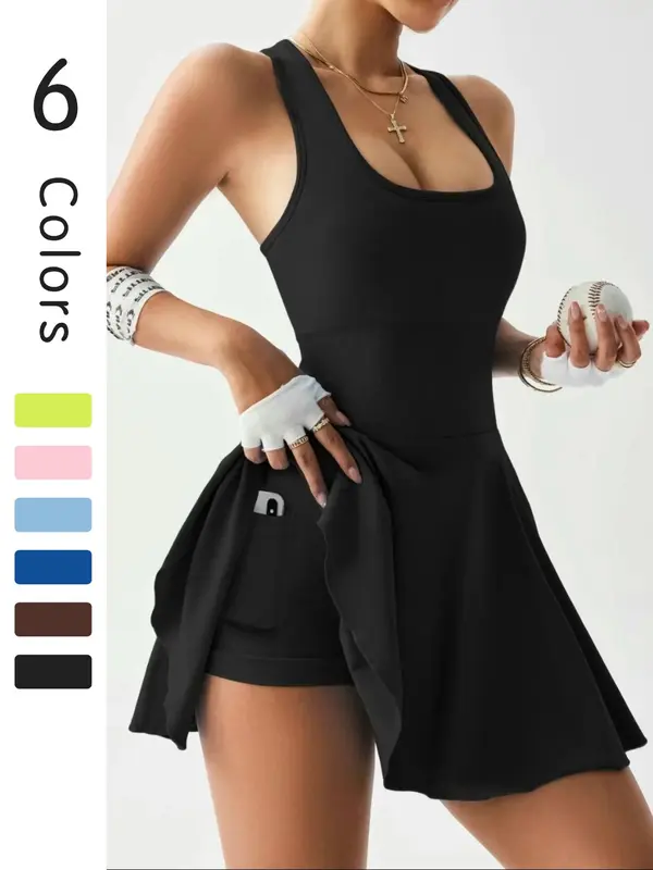 Women's Solid Color Sports Dress, Sporty Sleeveless Tennis Dress for Daily Outdoor Wear, Tennis Athletic Dress, Ladies Sportswear for Summer, Tennis Attire 2