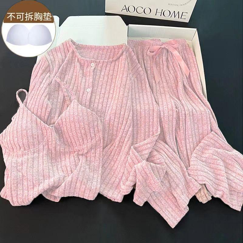 Bộ Đồ Ngủ Nữ, Có Đệm Ngực, Phong Cách Mùa Xuân Và Mùa Thu, Hai Dây, Dễ Thương Và Gợi Cảm, Bộ Đồ Ba Mảnh, Quần Dài Tay, Có Thể Mặc Làm Áo Mặc Bên Ngoài, Đồ Mặc Nhà Women Thun