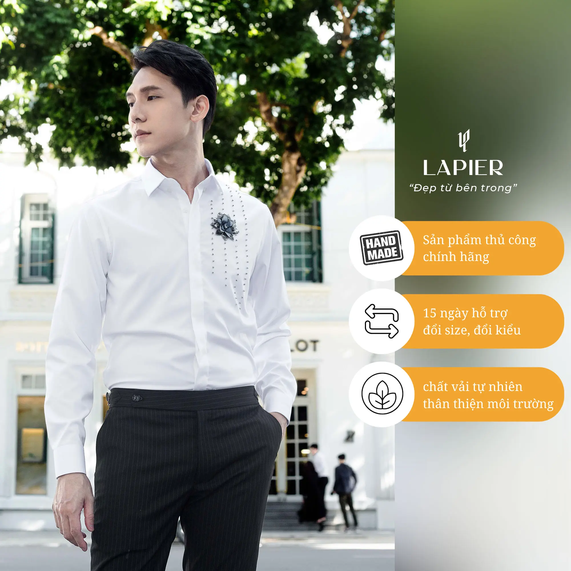 Áo sơ mi nam thiết kế  cao cấp LAPIER đính thủ công dải pha lê hoa ngực áo, sang trọng, lịch lãm trong những bữa tiệc