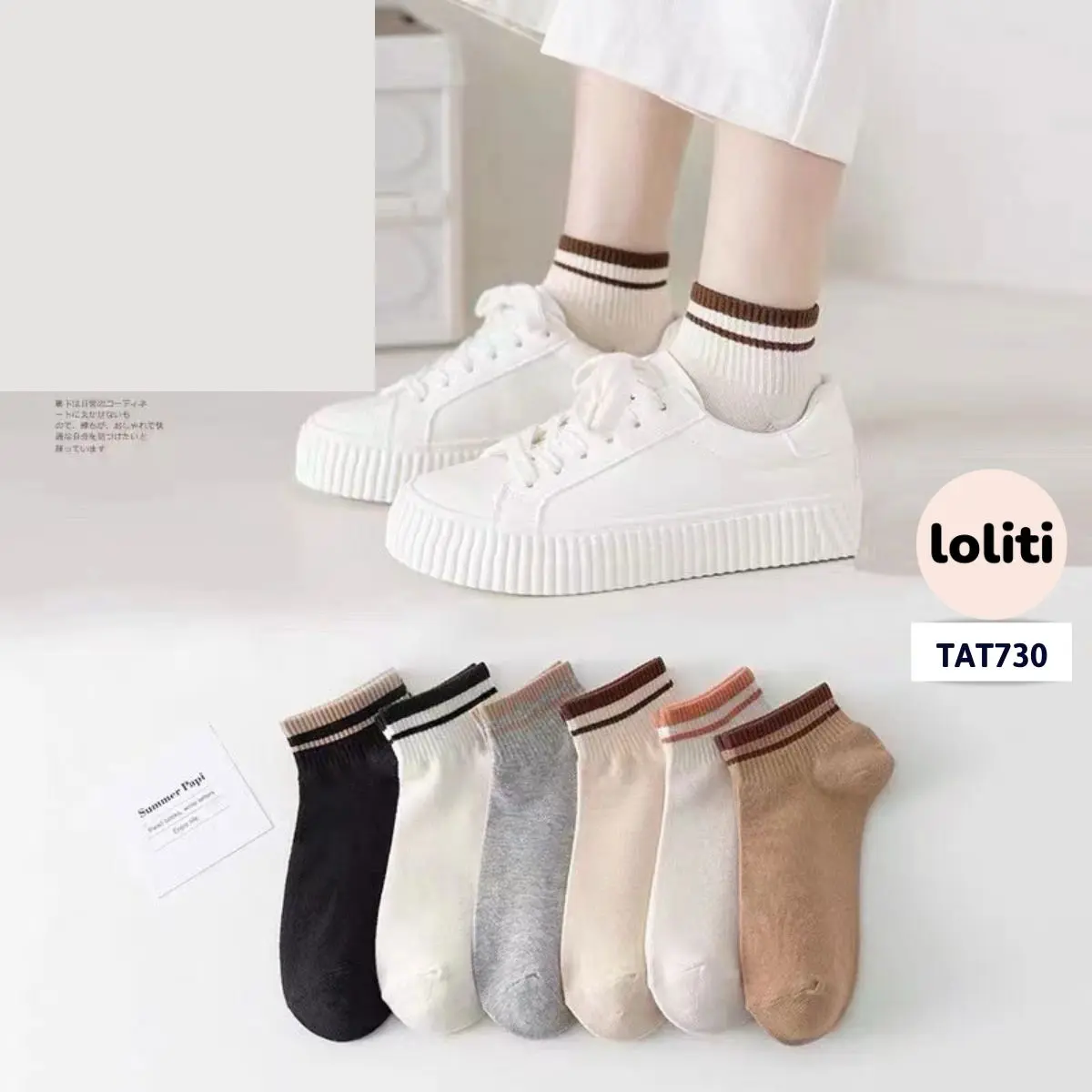 TAT730 Tất nam nữ cổ sọc ngắn, chất liệu cotton thoáng khí khử mùi thấm mồ hôi, phong cách LOLITI