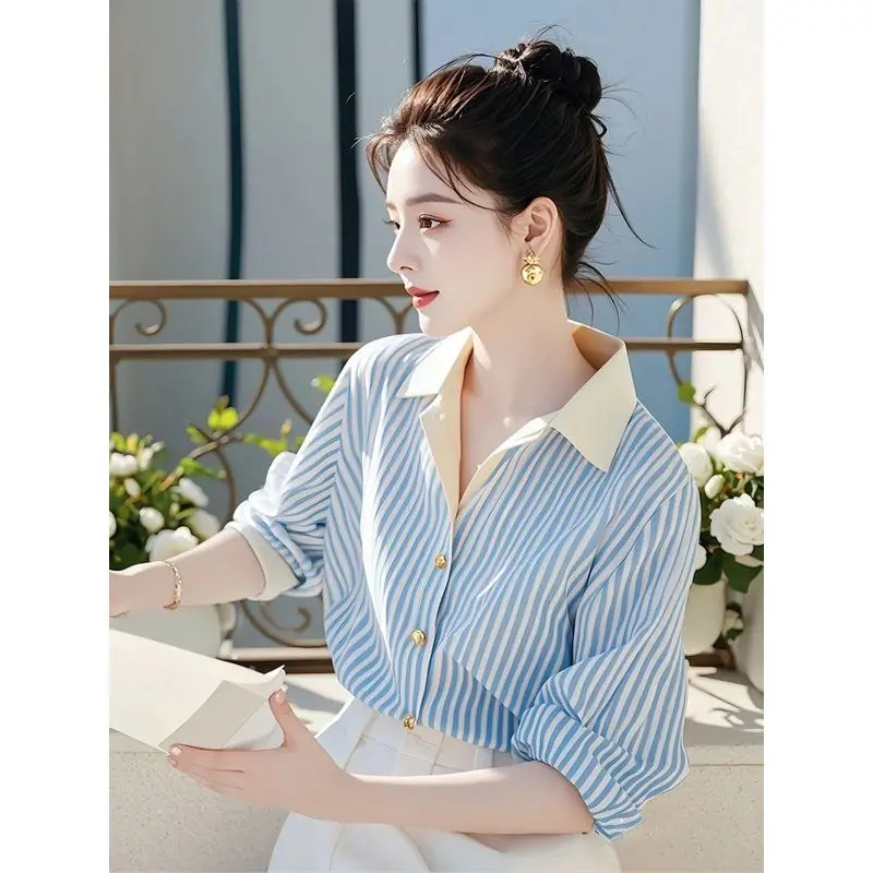 Áo Sơ Mi Sọc Dài Tay, Phong Cách Sang Trọng Sang Trọng Hàn Quốc, Dành Cho Phụ Nữ, Đầu Mùa Thu, Thiết Kế Độc Đáo Và Đẹp Mắt, Áo Chuyên Nghiệp, 2025 Mới áo  thun áo  bóng áo  thun touquet  shirt áo  giảm Top Women áo  anh áo  ép