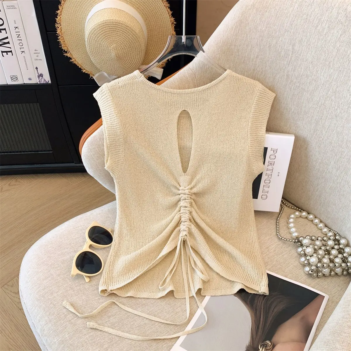 Áo Ngủ Không Tay, OOTD, Phong Cách Pháp, Thiết Kế Xếp Ly Cô Gái Nóng Bỏng, Hở Lưng khoét Thích Hợp Cho Mùa Hè Của Phụ Nữ, ngắn Tay Phồng, Áo Trên