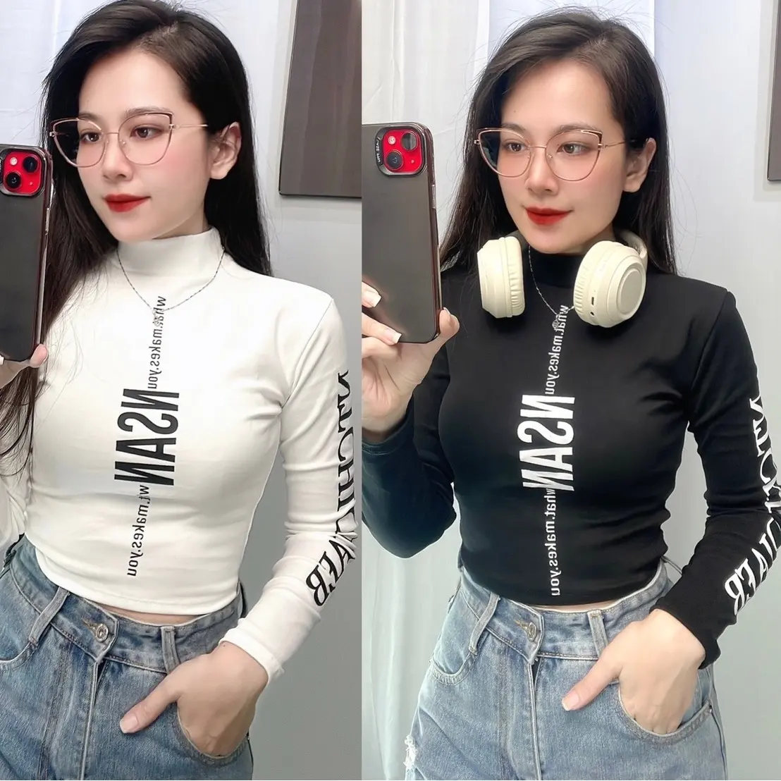 ( FORM NGẮN) Áo Croptop Thun Cổ Lọ Chất Borip Mịn In Chữ Tay Dài 11 Nữ Women Dáng Ngắn 【black】 vui nhộn áo thun áo  cổ ủ kem Cổ Tròn