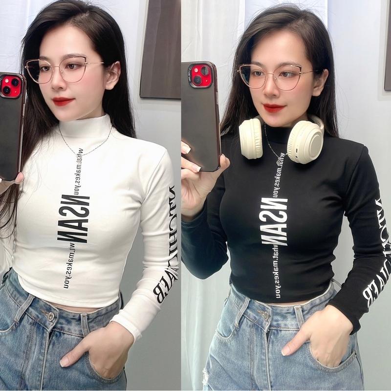 ( FORM NGẮN) Áo Croptop Thun Cổ Lọ Chất Borip Mịn In Chữ Tay Dài 11 Nữ Women Dáng Ngắn 【black vui nhộn áo thun áo cổ ủ kem Cổ Tròn