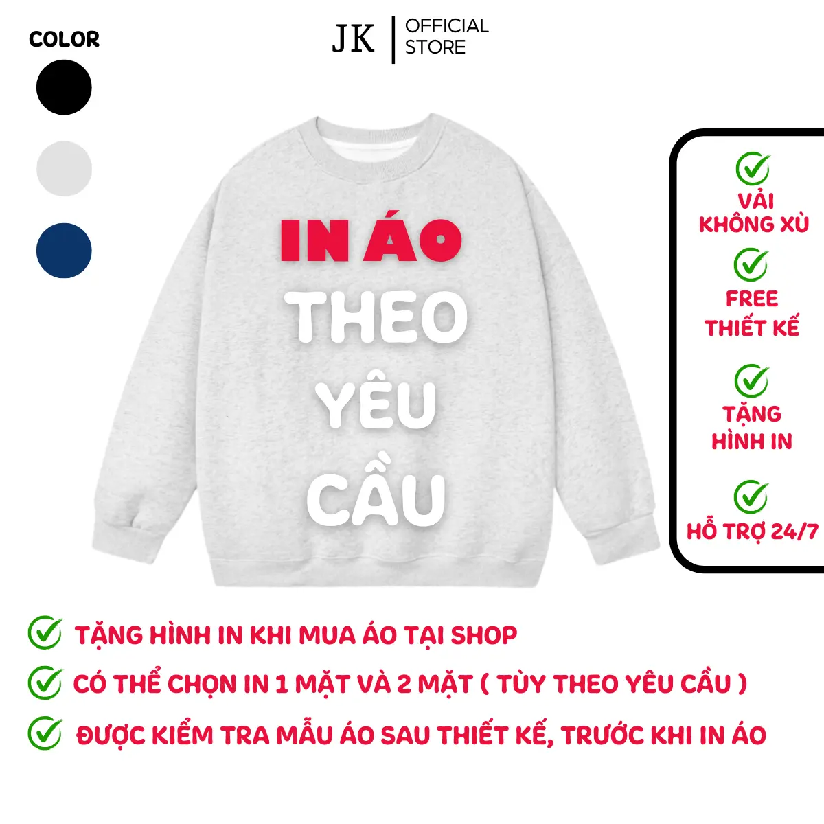 JK Store - Áo SWEATER nỉ bông in theo yêu cầu ,In áo đôi áo sweater chân cua cotton oversize in 2 mặt theo yêu cầu Kem Nam Menswear Dài Tay áo  sweater