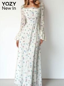 YOZY Women's Ditsy Floral Print Ruched Flounce Sleeve Dress, Elegant Long Sleeve A Line Dress for Summer, Women's Clothing for Beach Holiday