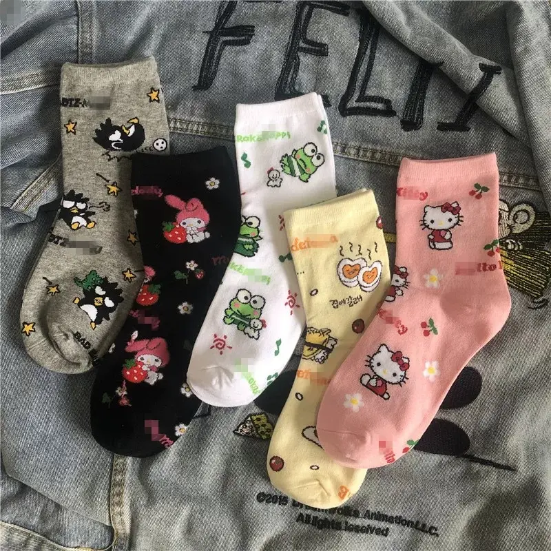 Stokin Wanita, Anime Sanrio, Gaya Kawaii, Hello Kitty, Kulomi, My Melody, Stokin Sukan Kapas Tiub Pertengahan, Reka Bentuk Kartun, Bernafas, Sesuai untuk Pelajar, Hadiah untuk Kanak-kanak Perempuan