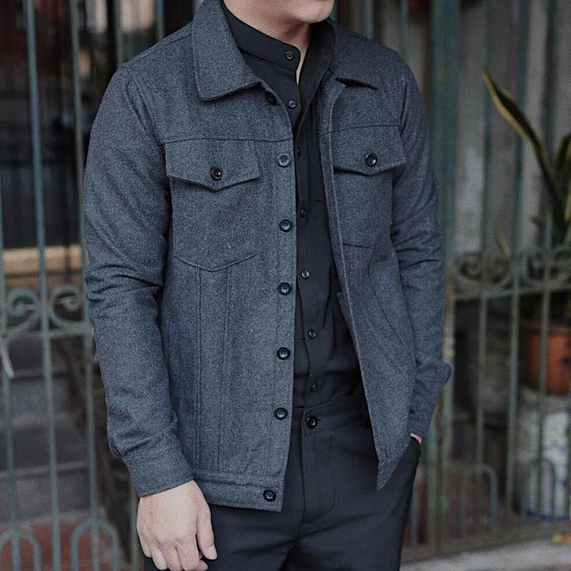 Áo khoác nam màu xám đen vải dạ Thanh lịch phù hợp cho thu đông Jacket Menswear Có Cổ