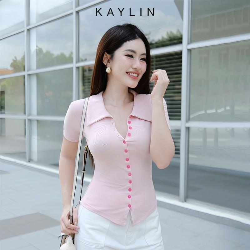 Áo thun KAYLIN cổ sơ mi phối nút chất vải thun cotton co giản phong cách thanh lịch - N2314 Nữ Women Top Cổ Tròn 0