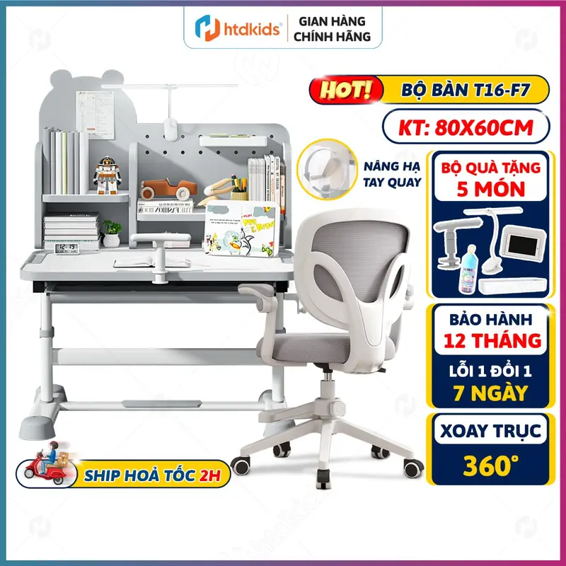 Bộ bàn học chống gù HTDkids T16+, Bàn học cho bé có giá sách, Nâng hạ điều chỉnh độ cao, Giá tốt 0