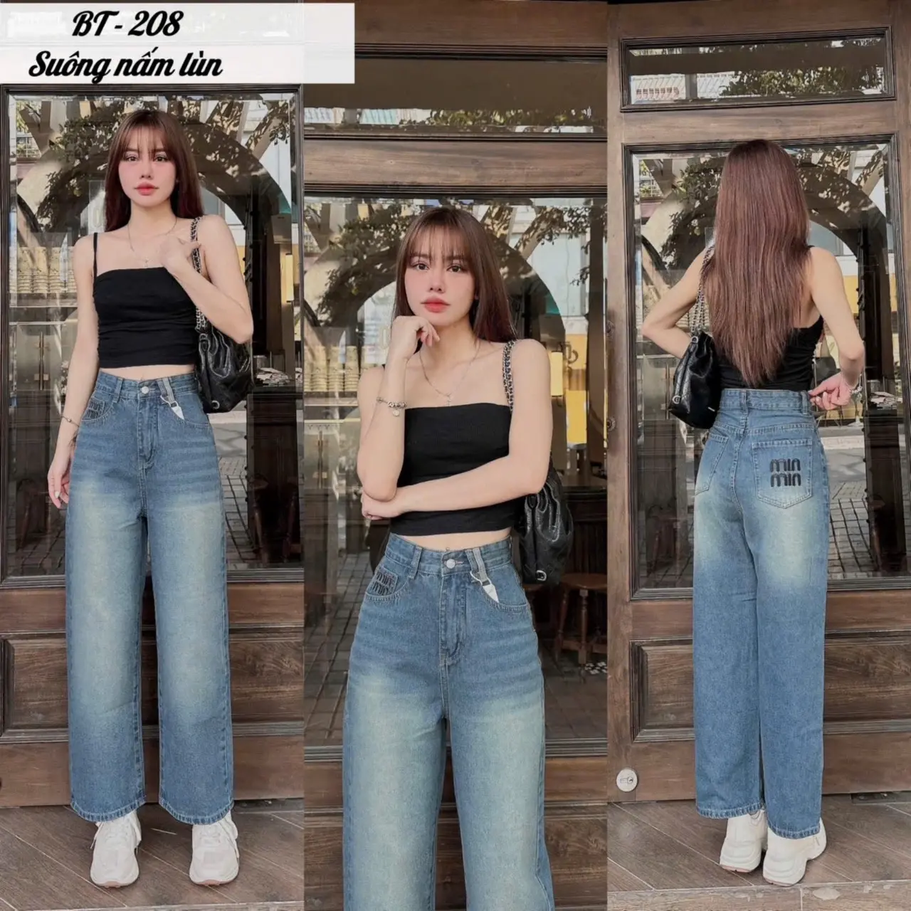 (S-XXL) Quần Jeans Suông Nấm Lùn thêu minmin form lưng cao, quần dài 95cm. Nữ Women 208