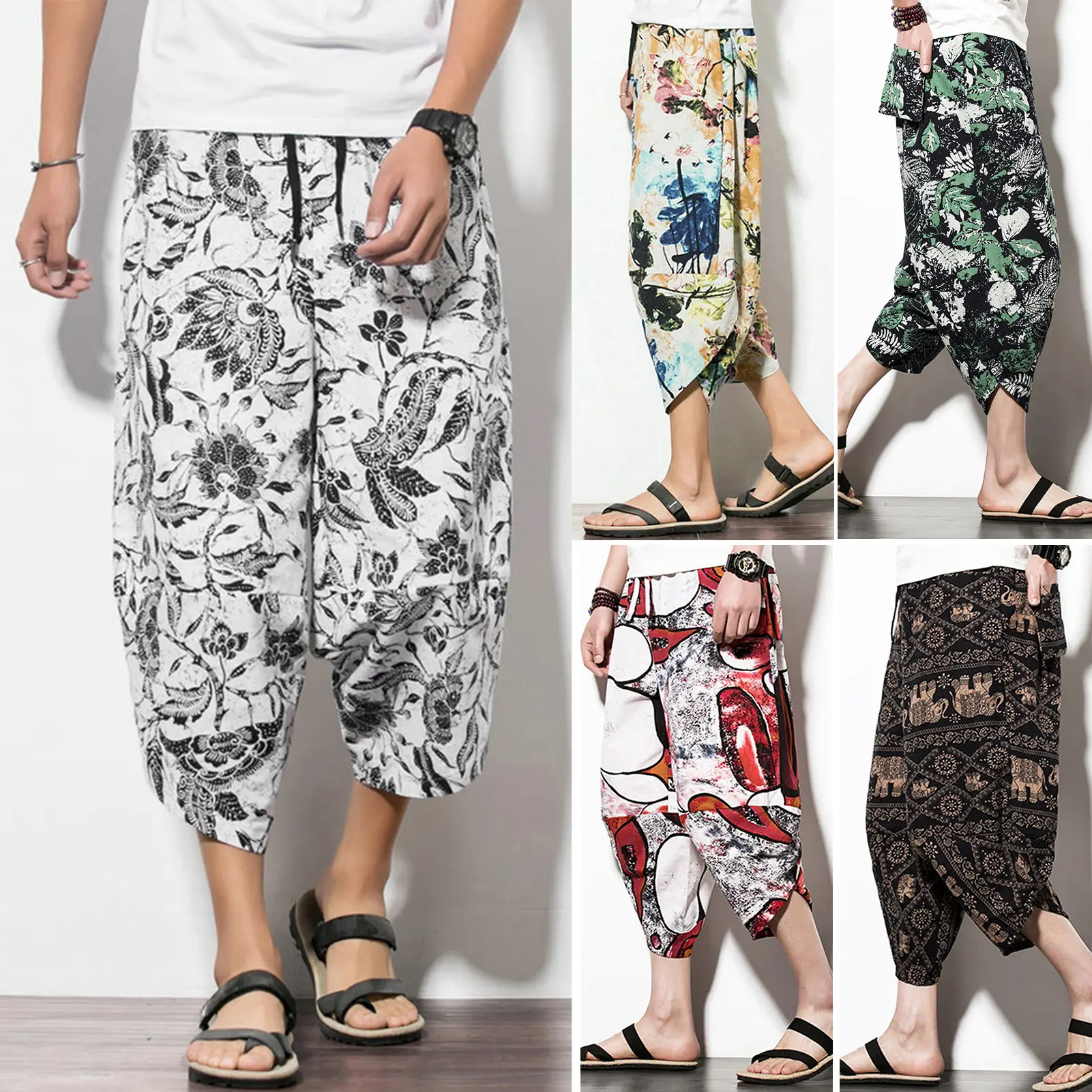 Lefeile Mid-rise Elastic Waistband Drawstring Pockets Cropped Pants Ethnic Style Retro Print Harem Trousers