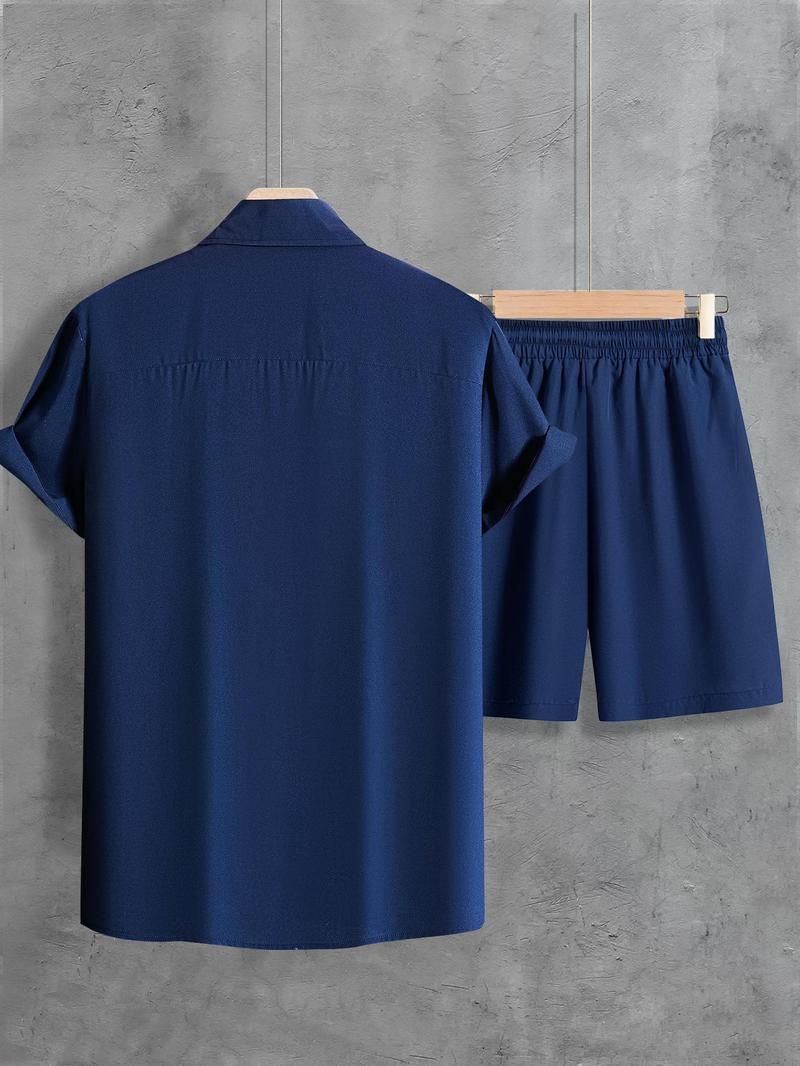 Product Introduction of 2 Counts Men's Plain Co-ord Set, Regular Fit Basic Button Front Shirt & Drawstring Shorts, Summer Outfits for Men 17