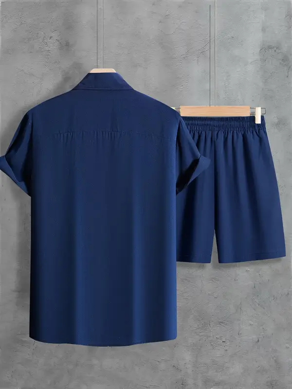 Men's Plain Co-ord Set, Regular Fit Basic Button Front Shirt & Drawstring Shorts, Summer Outfits for Men, Menswear 3