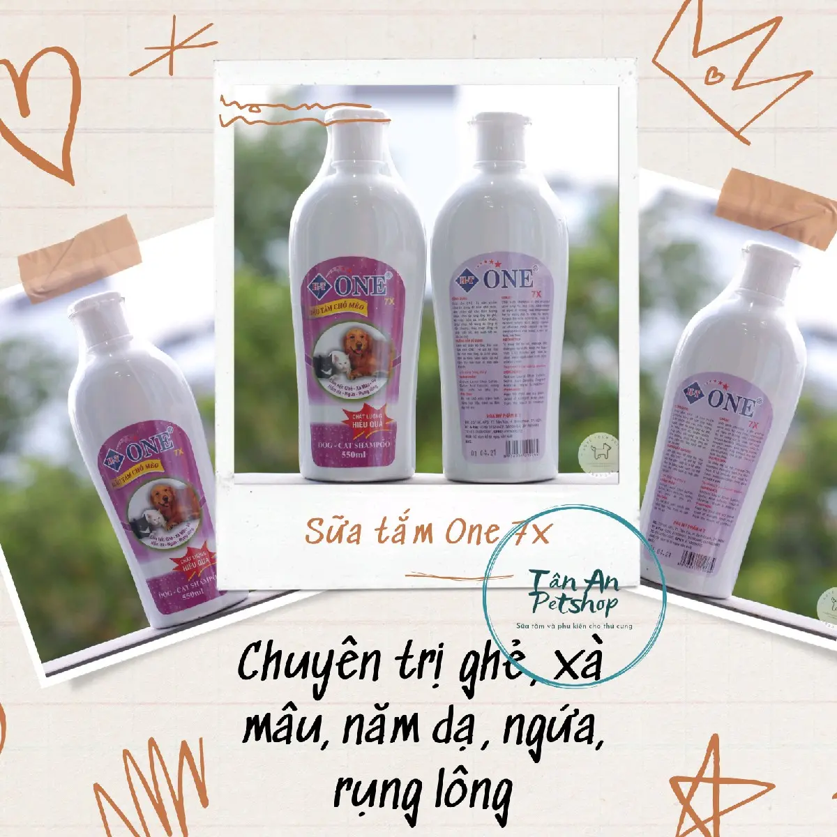 Sữa tắm One 7x làm hết ghẻ, xà mâu, ve, nấm da, ngứa, rụng lông dành cho thú cưng 550ml