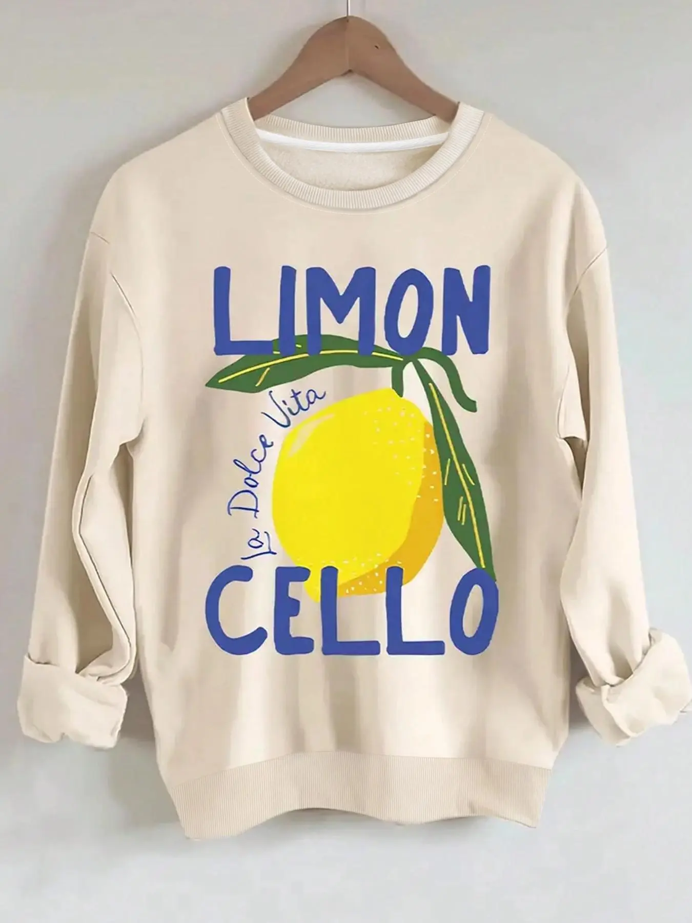Women's Lemon Print Crew Neck Sweatshirt, Casual Fashion Long Sleeve Pullover for Daily Wear, Ladies Spring & Fall Clothes